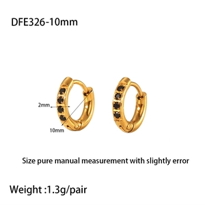 Detail of 10mm 18K gold-plated stainless steel huggie hoop with black zircon stones