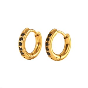 18K gold plated stainless steel hoop earrings with black zircon stones in a pair