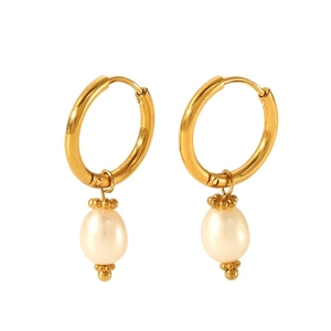 Elegant 18K gold plated stainless steel hoop earrings with natural freshwater pearl charms