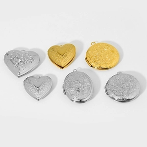 Vintage Stainless Steel Heart Oval Round Floral Engraved Locket Pendant Photo Box DIY Jewelry Necklace Making Accessory