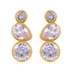Elegant gold-plated stainless steel earrings with three vertical clear zircon stones