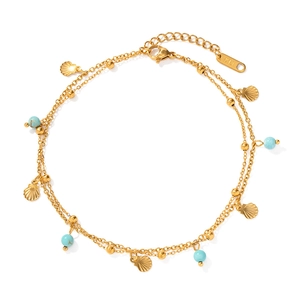 Double-layer 18K gold-plated stainless steel anklet with turquoise and shell pendants