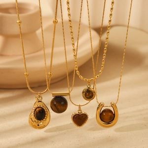 Vintage Stainless Steel Tiger Eye Stone Pendant Necklace 18K Gold Plated Geometric Maillard Style Waterproof Jewelry For Women
