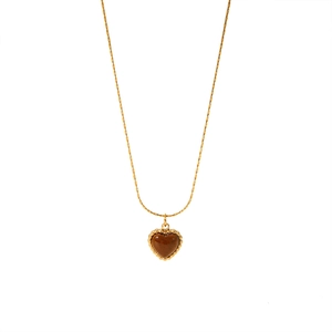 18K gold plated stainless steel necklace with a brown heart tiger eye stone pendant