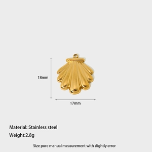 Detailed specs for gold stainless steel shell pendant measuring 18mm by 17mm