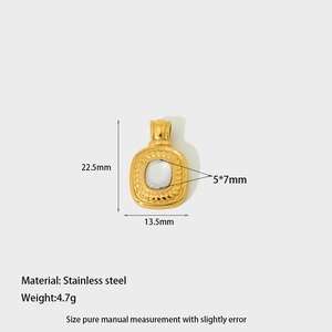 Detailed view of rectangular stainless steel pendant with white stone and dimensions