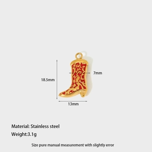 Detail of red enamel boot pendant in stainless steel with 18.5x13mm size markings