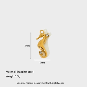 Detailed size view of a 19mm golden stainless steel seahorse pendant with zircons