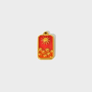 Roestvrijstalen tarot rechthoek zon ketting hanger met rood emaille zonnebloem en goudkleurig