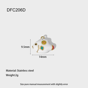 Detail view of a white enamel fish pendant with colorful dots and 14mm size guide