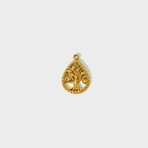 Polished gold tree of life teardrop pendant with heart-shaped leaves on white background