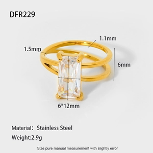 Detailed view of 18K gold plated stainless steel ring with 6x12mm rectangle zircon