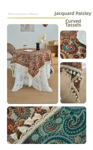 Detailed jacquard paisley tablecloth with elegant curved tassels and layered lace decor