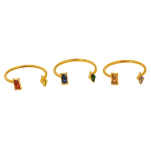 Bagues ajustables en acier doré 18K avec zircons de taille émeraude et rectangle