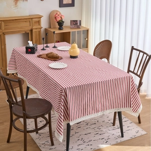 Japanese style red and white striped rectangular tablecloth with white lace trim for dining decor