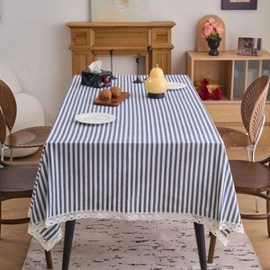 Japanese style rectangle tablecloth with blue white stripes and white lace edges