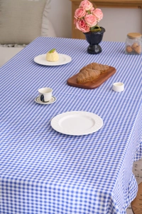 Détail de nappe à carreaux bleus et blancs avec bordure à volants au style rustique