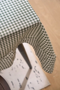 Détail de la nappe à carreaux verts et blancs avec une texture de tissu tissé