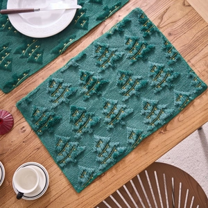 Deep green Christmas table runner with 3D plush embroidered trees and gold dots