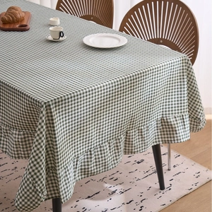 Nappe Vintage Française en Coton Lin à Carreaux Avec Bord à Volants Imprimé Carrelé pour Table à Manger Décoration Maison