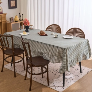 Nappe vintage française à carreaux verts avec bordures à volants pour salle à manger