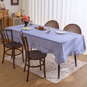 Nappe Vichy Vintage Française Avec Bord à Volants Mélange de Coton et Lin Housse de Table à Carreaux pour Salle à Manger Cuisine