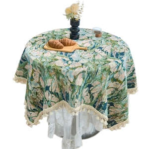 Floral iris jacquard round tablecloth with forest green patterns and beige tassels