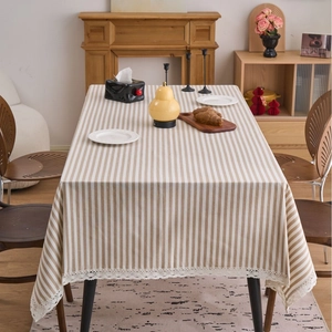 Japanese style rectangle table runner with green stripes and white lace trim