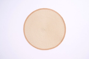 Detailed top view of a woven round placemat with beige spiral center and khaki tasseled edge