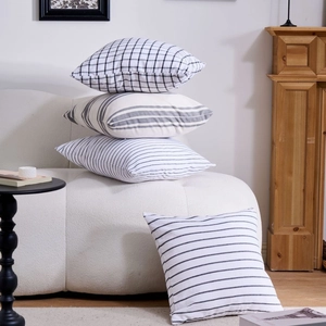 Modern geometric pillow covers set with minimalist grey stripes and black checkered pattern