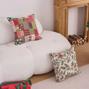 Festive Christmas jacquard throw pillow covers with plaid snowflake and holly berry patterns