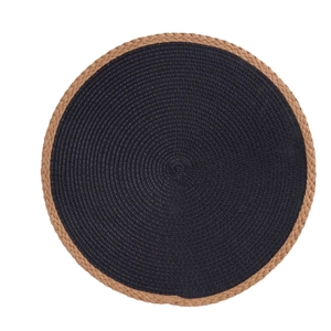 Modern black circular woven placemat with natural brown braided tassels and heat resistance