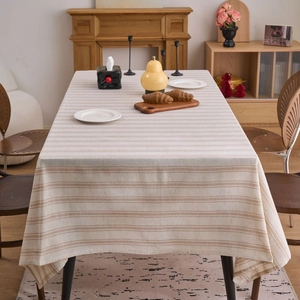 Minimalist rectangular cotton linen tablecloth with khaki beige stripes for dining tables