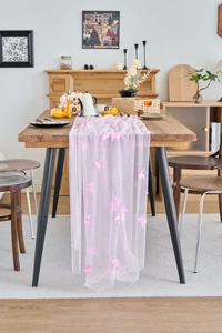 Pink lace table runner with 3D butterflies and pearls for elegant wedding decor