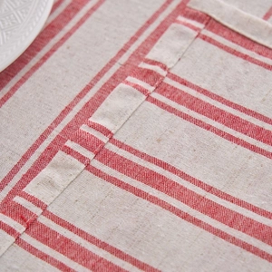 Japanese style red and white striped cotton linen tablecloth with natural texture and fine stitching