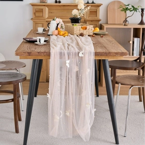 French retro lace table runner with 3D butterfly embroidery and pearl bead accents