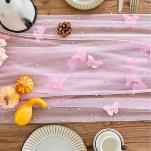 Pink lace table runner with 3D butterfly embroidery and white pearls for dining tables