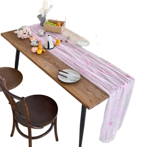 Pink lace table runner with 3D butterfly embroidery and pearls for wedding decor