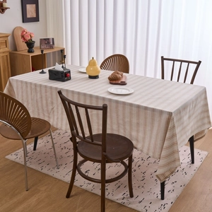 Minimalist beige cotton linen rectangular tablecloth with modern vertical stripes