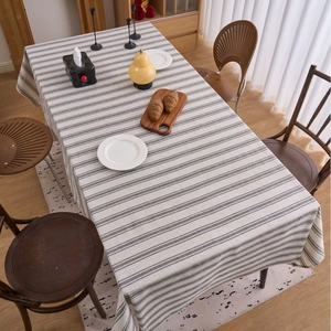 Japanese style rectangular cotton linen tablecloth with elegant grey and white stripes