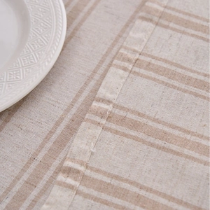 Japanese style khaki striped cotton linen tablecloth showing refined fabric texture