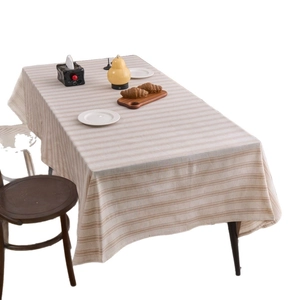 Minimalist rectangular cotton linen tablecloth with beige and khaki stripes