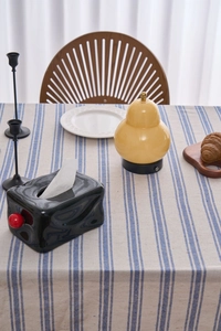 Close-up of black glossy ceramic tissue box with red spherical handle on blue striped cloth