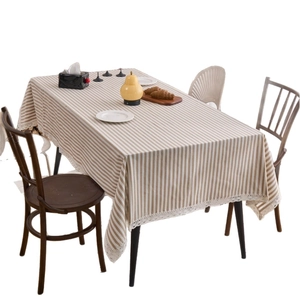 Japanese style rectangular tablecloth with beige stripes and delicate lace border