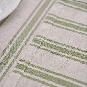 Japanese style green striped cotton linen tablecloth with premium stitched edge detailing