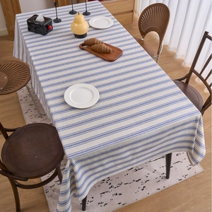 Japanese style blue and white striped cotton linen tablecloth with lace edges for home