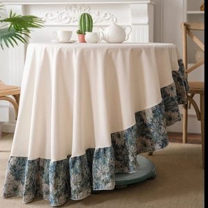 American Retro Round Tablecloth Spliced Cotton Polyester Beige Blue Floral Ruffle Hem Dining Table Cloth Home Decor