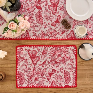 Jacquard table mat set with red butterfly floral patterns and scalloped embroidery edges