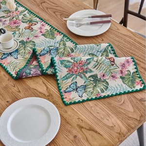 Pastoral table runner with tropical leaves, pink flowers, and butterfly jacquard patterns