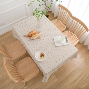 Pastel cream cotton linen tablecloth with cherry print and white lace trim edge